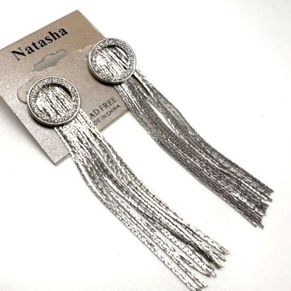 NWT Natasha Silver Tone Fringe Dangle & Pave Rhinestone Earrings Cocktail - Picture 2 of 10